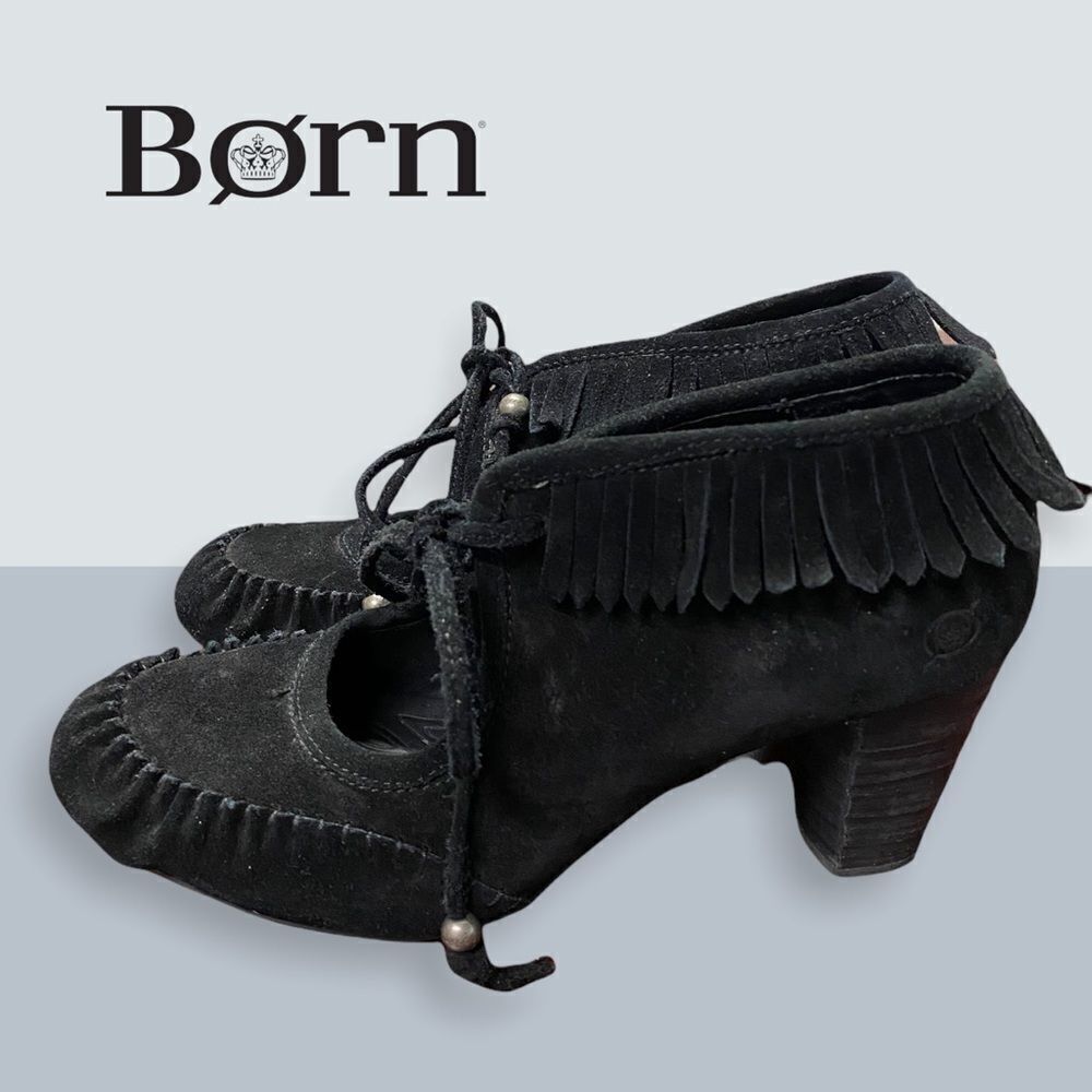 Born Black Suede Leather Fringe Heeled Booties 7.5